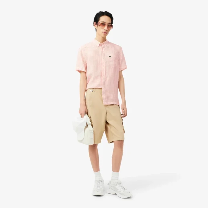 Chemise en lin à manches courtes pour homme, coupe classique
