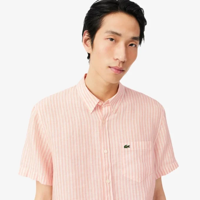 Chemise en lin à manches courtes pour homme, coupe classique