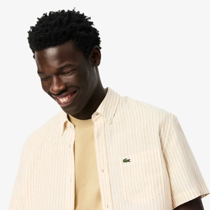 Chemise en lin à manches courtes pour homme, coupe classique
