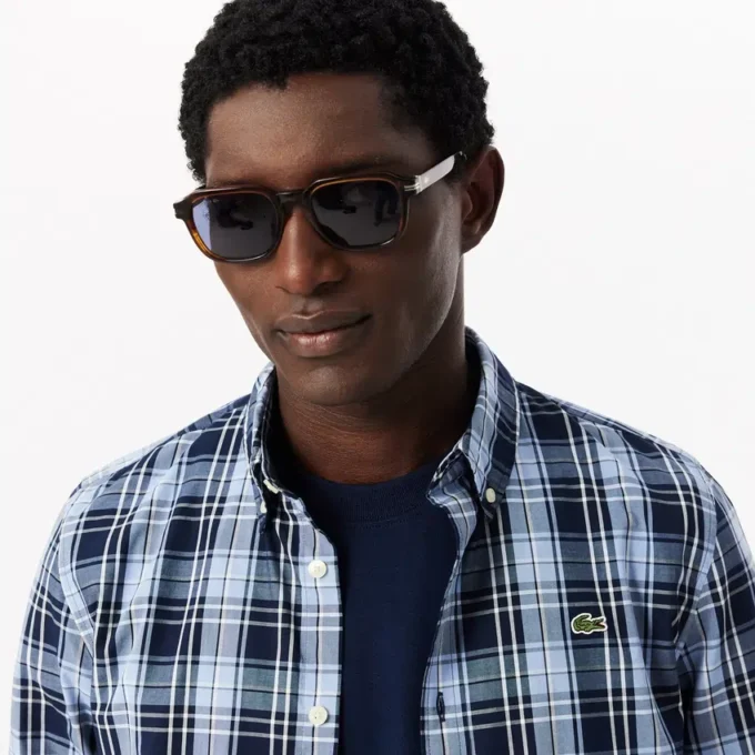 Chemise en popeline stretch à imprimé vichy, coupe ajustée Chemise en popeline stretch à imprimé vichy, coupe ajustée