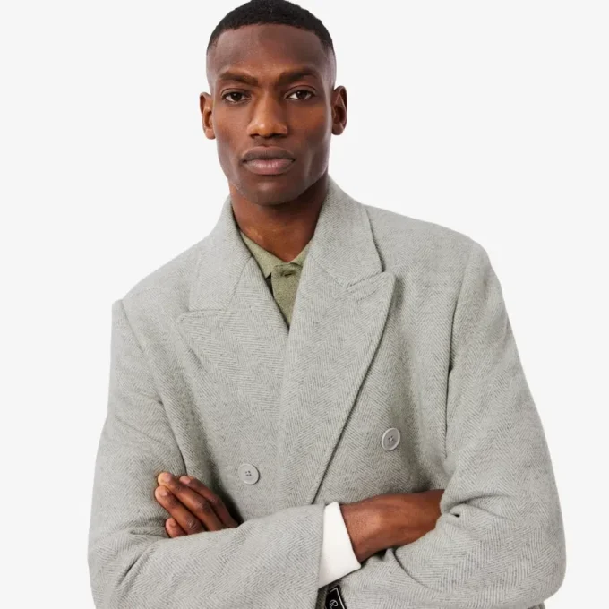 Manteau en laine à double boutonnage et motif chevron pour homme