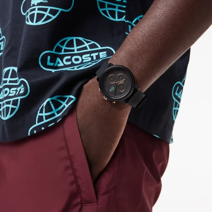 Montres Lacoste.12.12 Chrono en silicone noir et or carnation