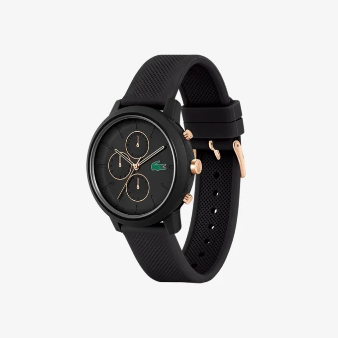 Montres Lacoste.12.12 Chrono en silicone noir et or carnation