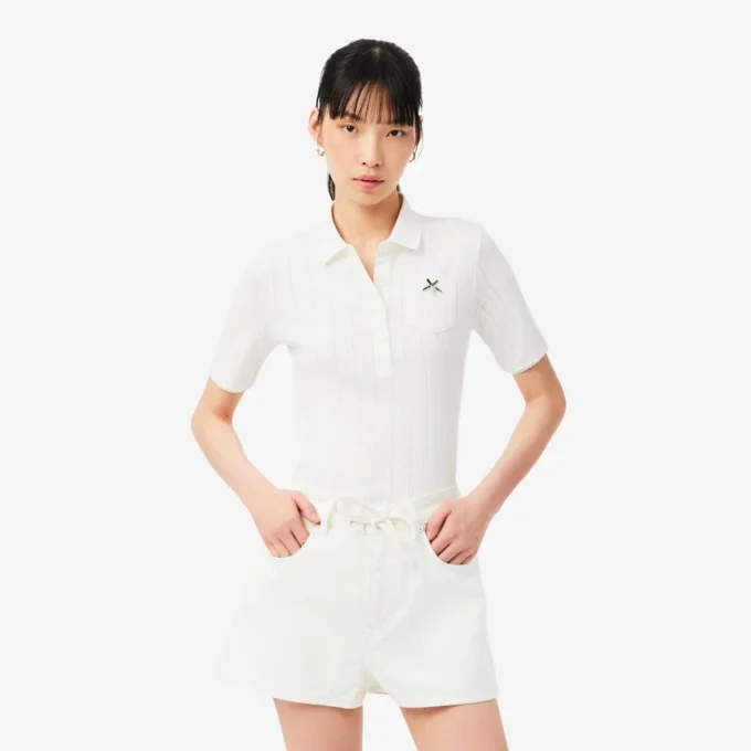 Polo L.12.D pour femme, coupe ajustée, motif Pointelle Polo L.12.D pour femme, coupe ajustée, motif Pointelle