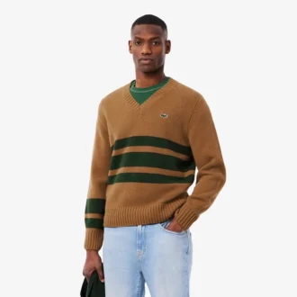 Pull à col en V en laine rayé pour homme