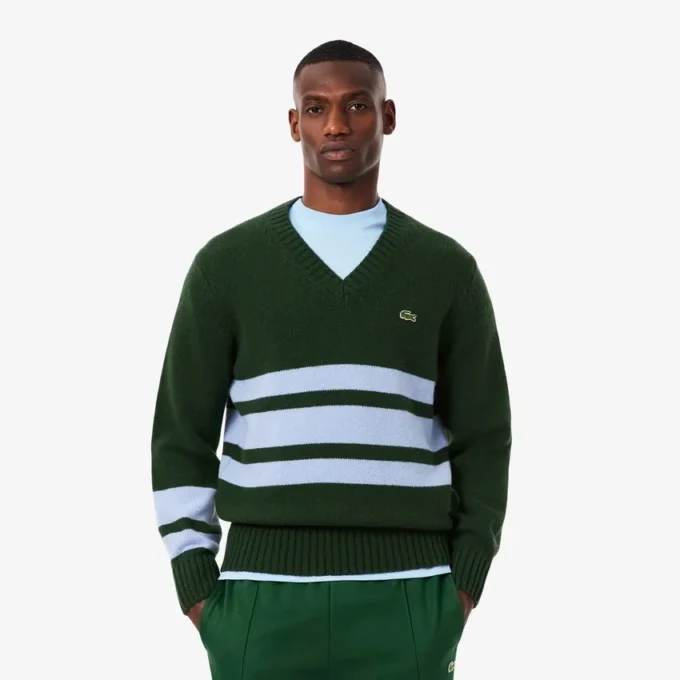 Pull à col en V en laine rayé pour homme