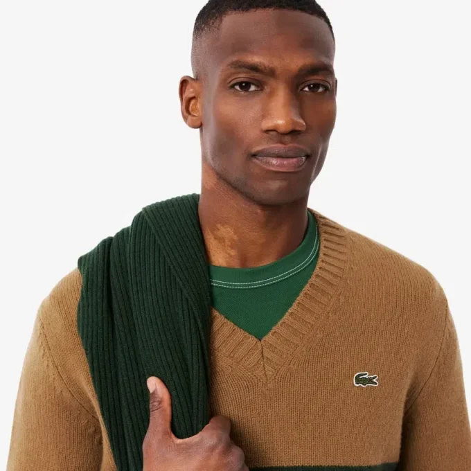 Pull à col en V en laine rayé pour homme Pull à col en V en laine rayé pour homme