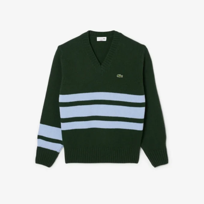 Pull à col en V en laine rayé pour homme