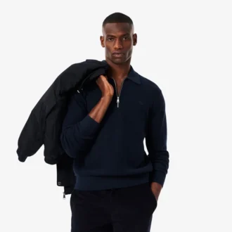 Pull à col polo demi-zip pour homme en mélange de coton et de laine