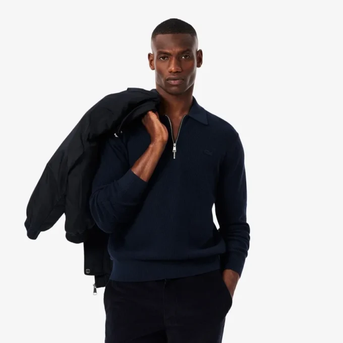 Pull à col polo demi-zip pour homme en mélange de coton et de laine Pull à col polo demi-zip pour homme en mélange de coton et de laine