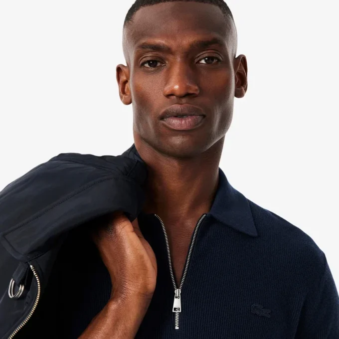 Pull à col polo demi-zip pour homme en mélange de coton et de laine Pull à col polo demi-zip pour homme en mélange de coton et de laine