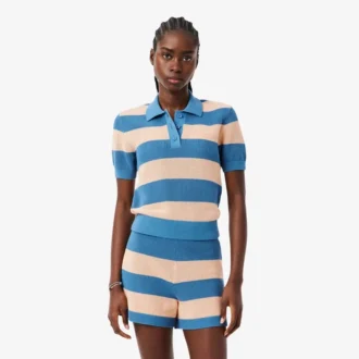 Pull à col polo en maille rayée