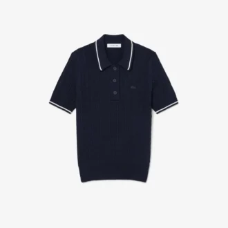 Pull à col polo en maille torsadée rayée