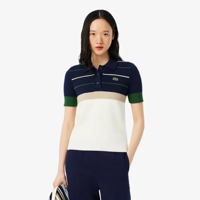 Pull à col polo rayé pour femme, fabriqué en France Pull à col polo rayé pour femme, fabriqué en France
