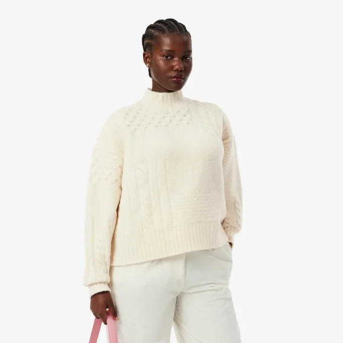 Pull en laine à col montant effet patchwork pour femme Pull en laine à col montant effet patchwork pour femme