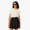 Pull à manches courtes en laine mérinos côtelée pour femme Pull à manches courtes en laine mérinos côtelée pour femme
