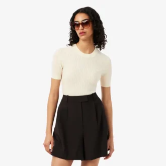 Pull à manches courtes en laine mérinos côtelée pour femme