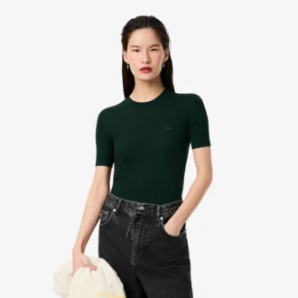 Pull à manches courtes en laine mérinos côtelée pour femme