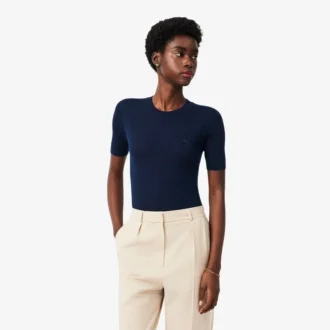 Pull à manches courtes en laine mérinos côtelée pour femme