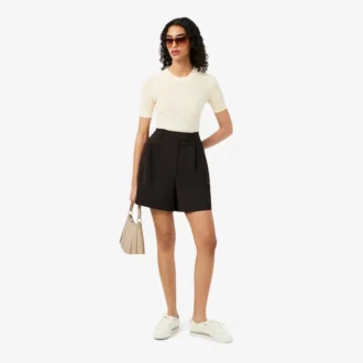 Pull à manches courtes en laine mérinos côtelée pour femme