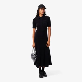 Robe à col polo en maille côtelée duveteuse pour femme