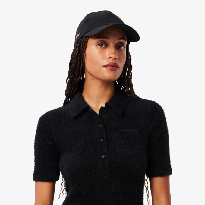 Robe à col polo en maille côtelée duveteuse pour femme