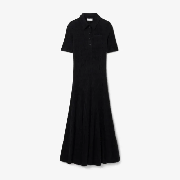 Robe à col polo en maille côtelée duveteuse pour femme