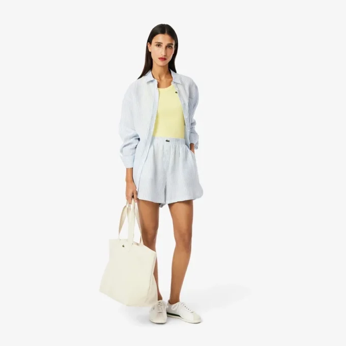 Short en lin rayé coupe décontractée pour femme Short en lin rayé coupe décontractée pour femme